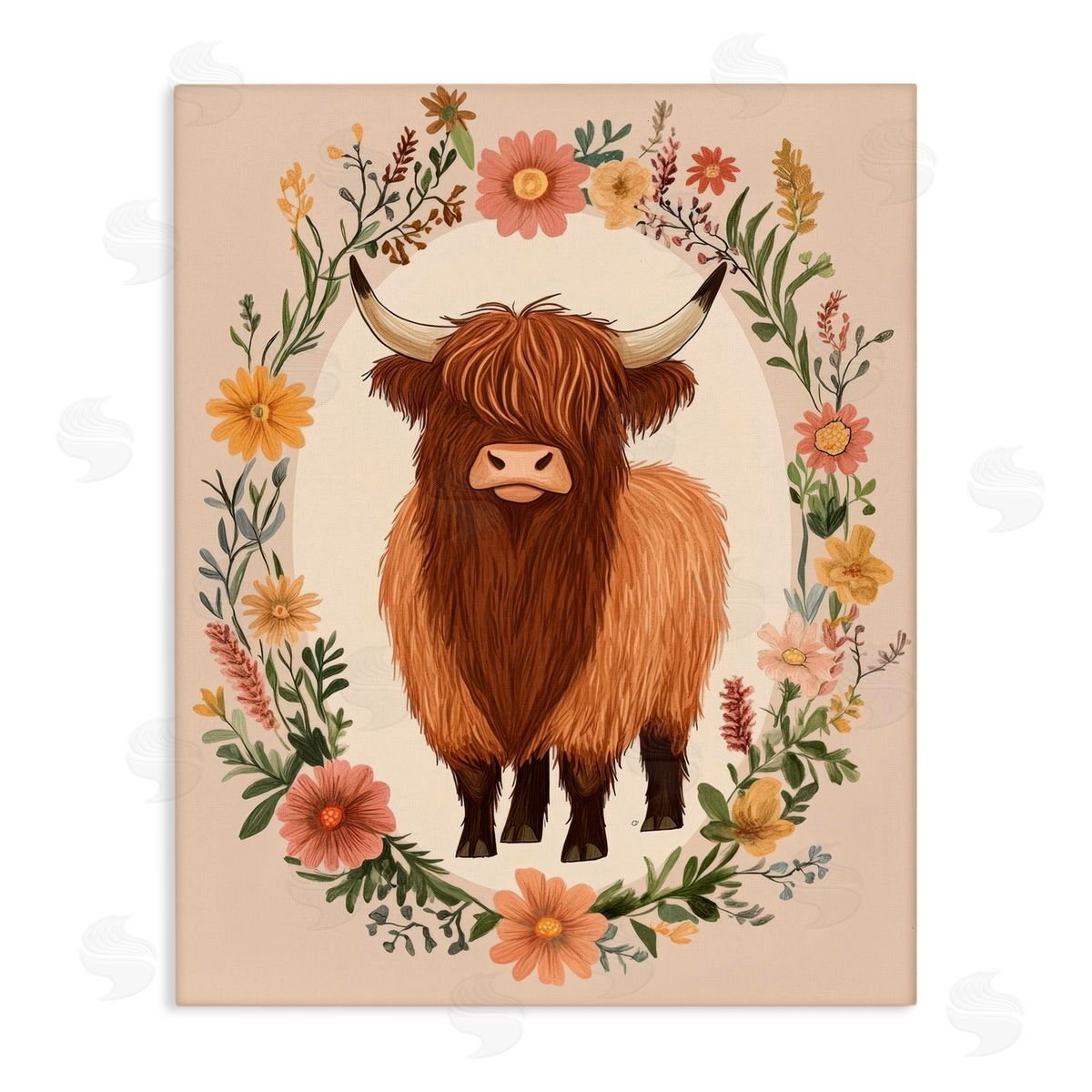 Petal Prints Design Cutesy Floral Highland Cow Canvas Wall Art Print