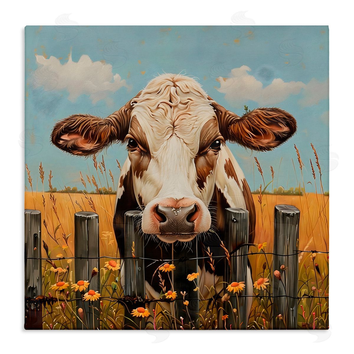 LSR Creative Studio Cow & Daisies Fence Canvas Wall Art Print
