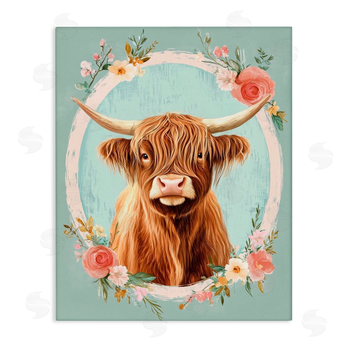 Petal Prints Design Highland Cow In Floral Border Canvas Wall Art Print