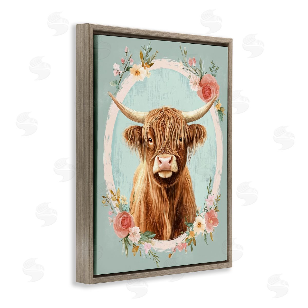 Petal Prints Design Highland Cow In Floral Border Canvas Wall Art Print