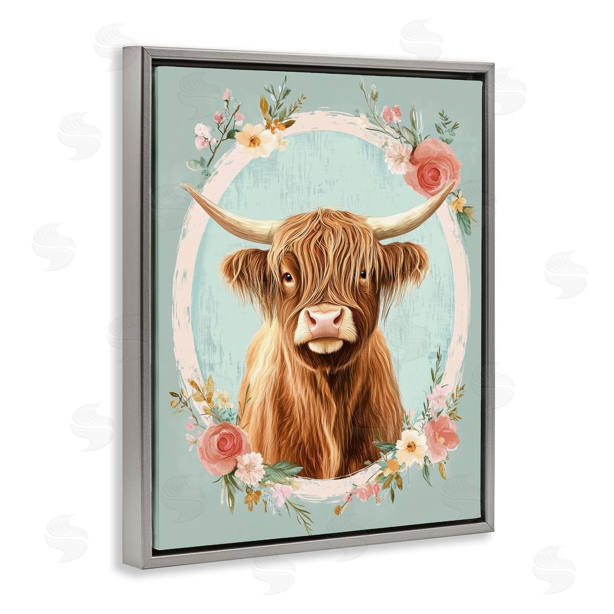 Petal Prints Design Highland Cow In Floral Border Canvas Wall Art Print