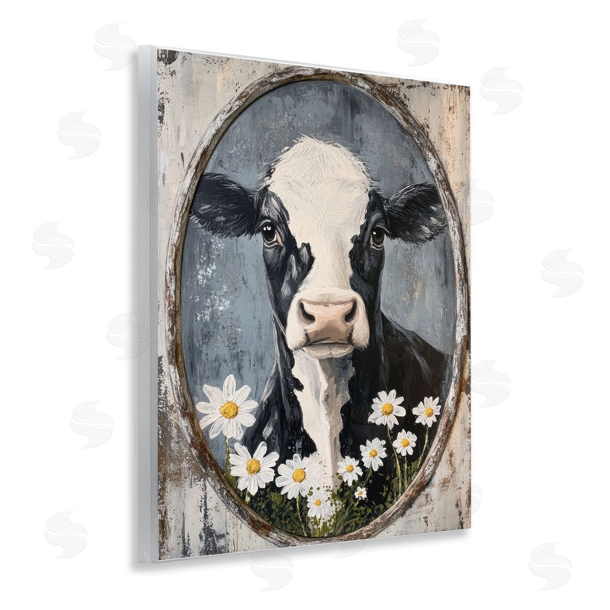 Petal Prints Design Distressed Cow Portrait Canvas Wall Art Print