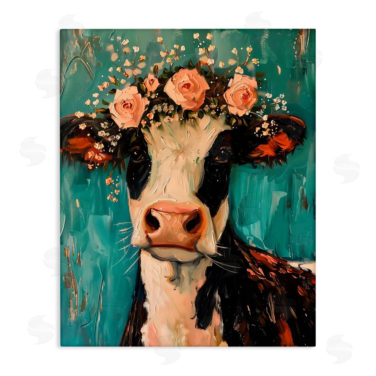 LSR Creative Studio Pretty Pink Flower Cow Canvas Wall Art Print