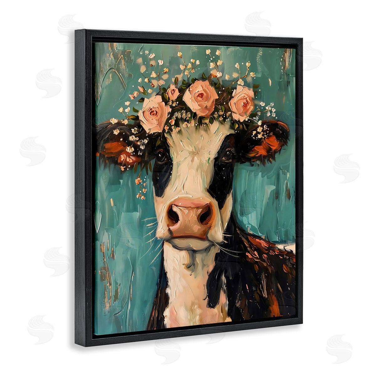 LSR Creative Studio Pretty Pink Flower Cow Canvas Wall Art Print