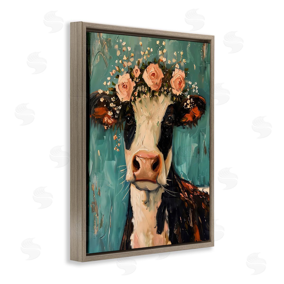 LSR Creative Studio Pretty Pink Flower Cow Canvas Wall Art Print