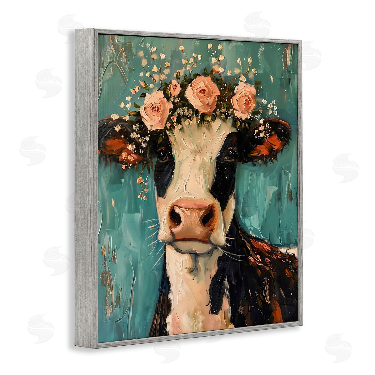 LSR Creative Studio Pretty Pink Flower Cow Canvas Wall Art Print