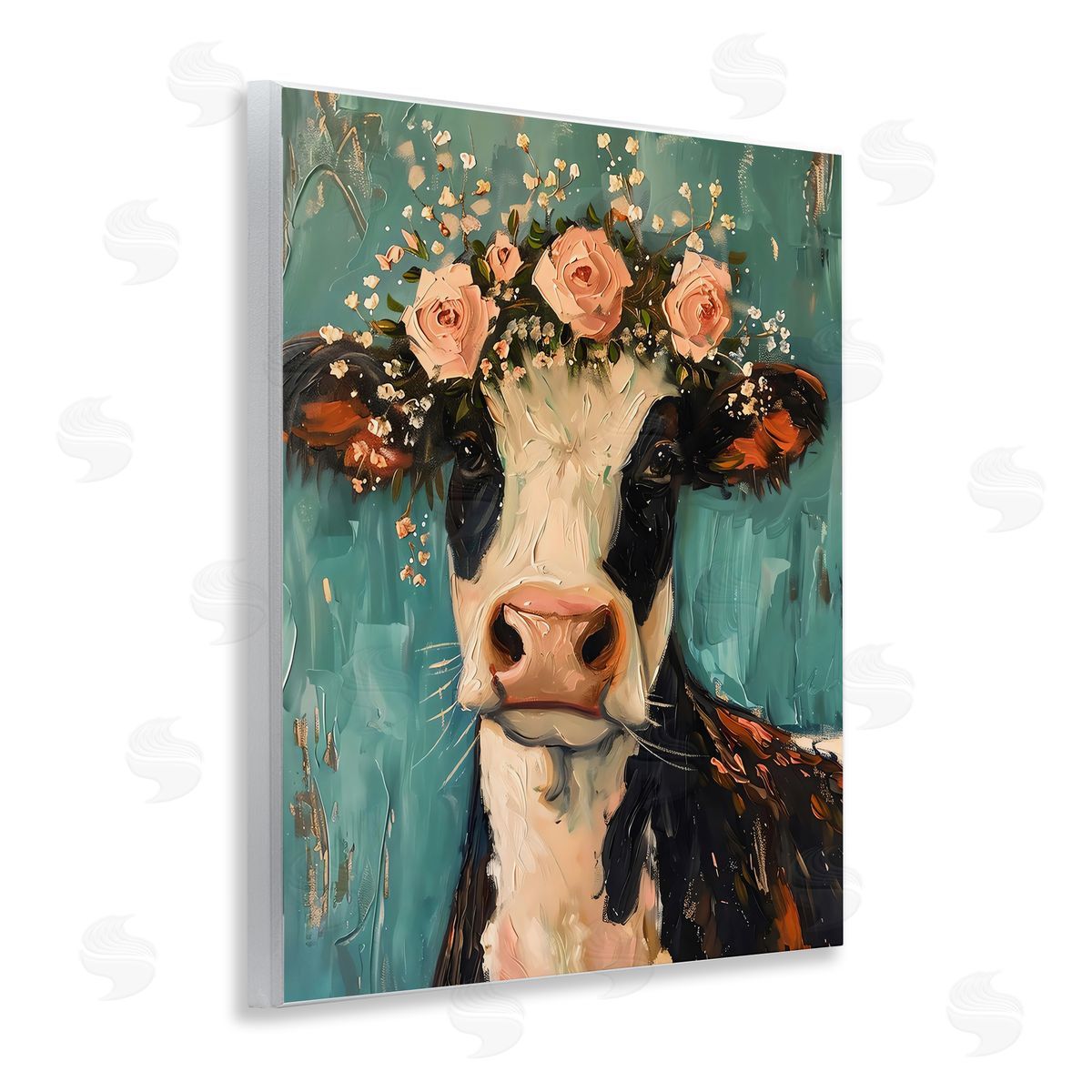 LSR Creative Studio Pretty Pink Flower Cow Canvas Wall Art Print