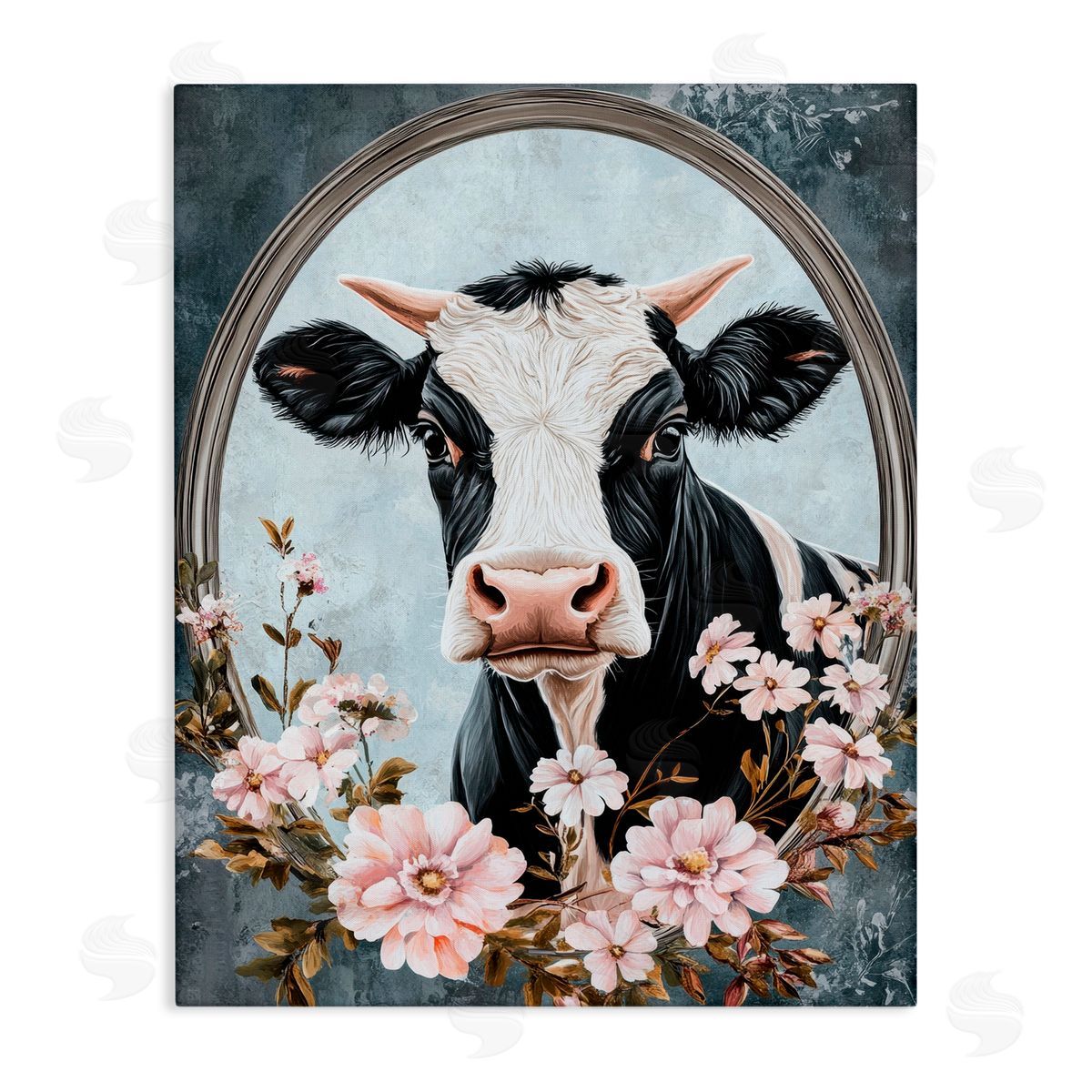 Petal Prints Design Flower Horned Cow Portrait Canvas Wall Art Print