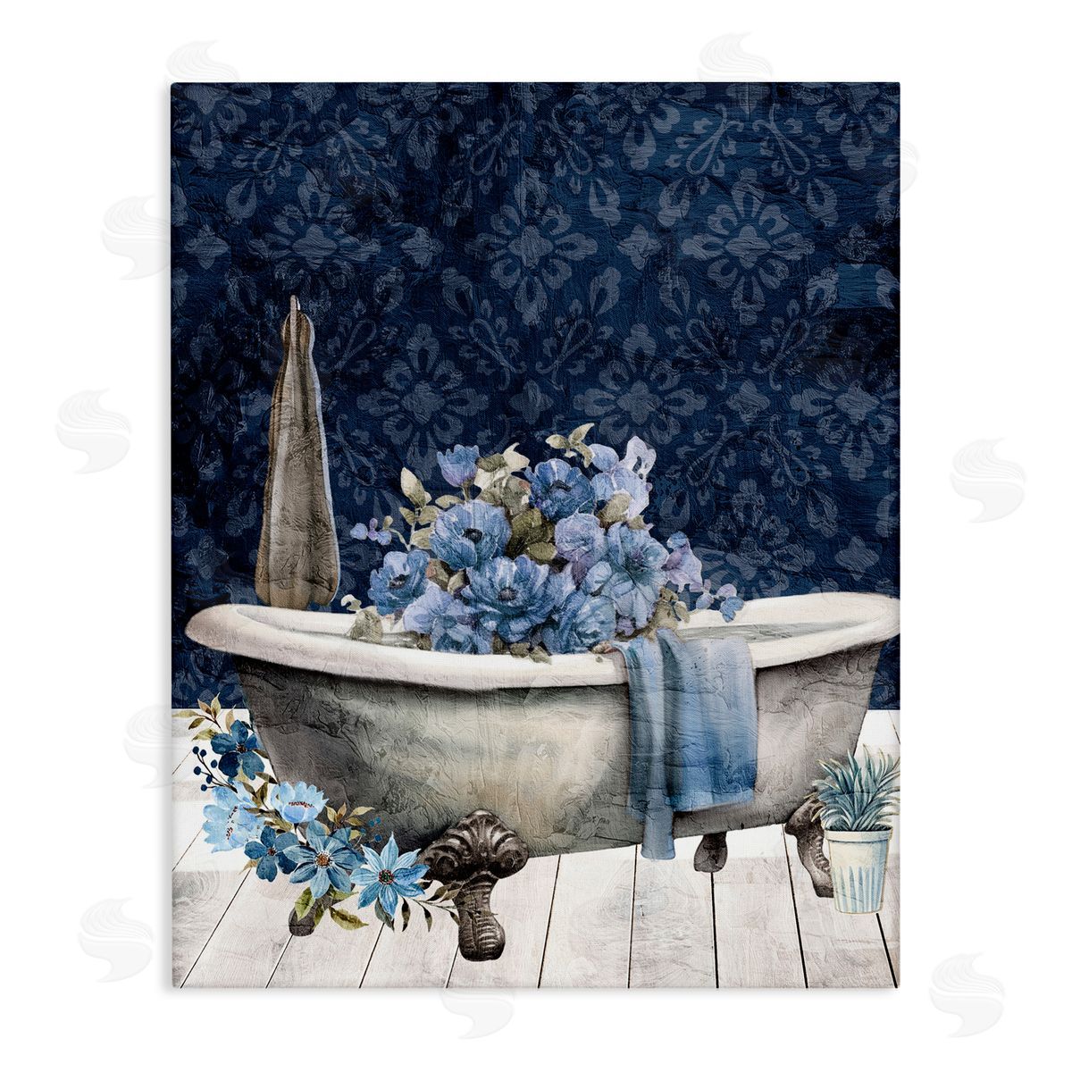 Kim Allen Blue Bath Floral Tub Canvas Wall Art Print