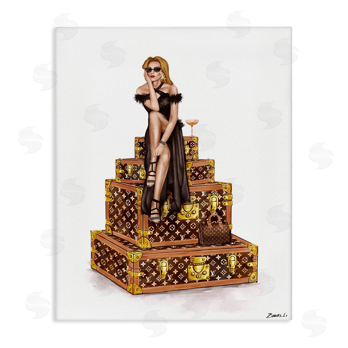 Ziwei Li Glam Girl Perched on Cases Canvas Wall Art Print