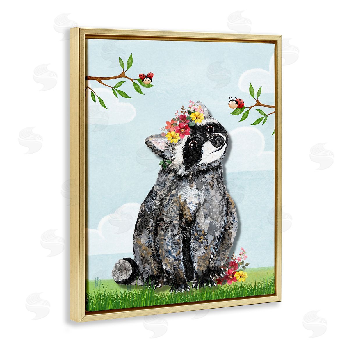Lisa Morales Baby Raccoon and Lady Bugs Canvas Wall Art Print