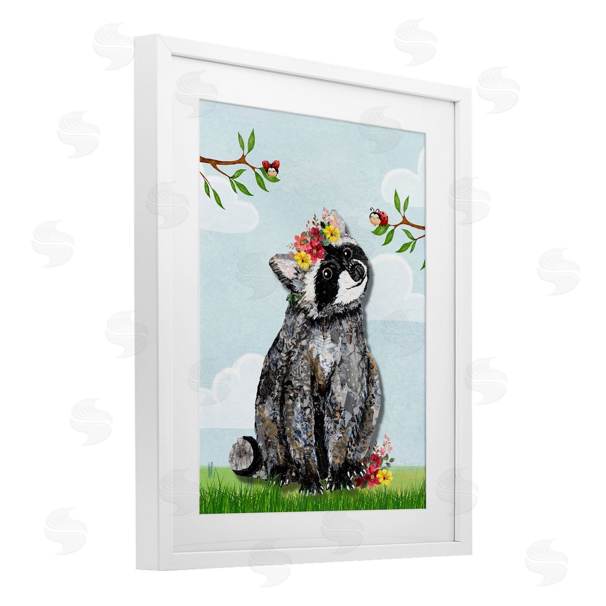 Lisa Morales Baby Raccoon and Lady Bugs Canvas Wall Art Print