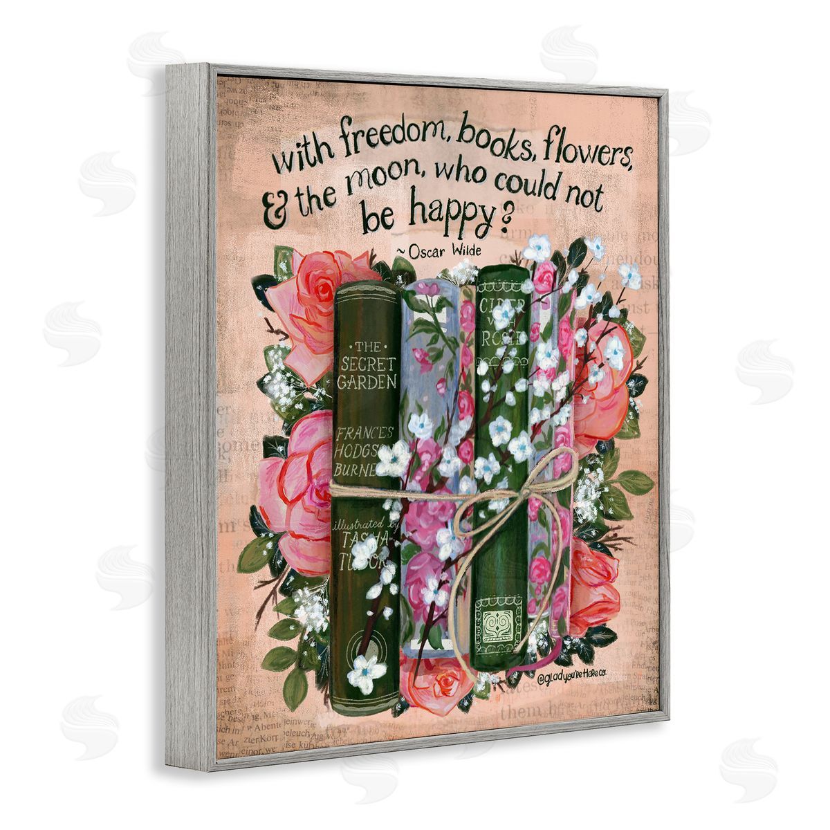 Glad You're Here Co. Bookish Quote with Florals Canvas Wall Art Print