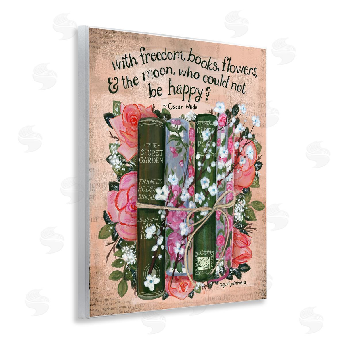 Glad You're Here Co. Bookish Quote with Florals Canvas Wall Art Print