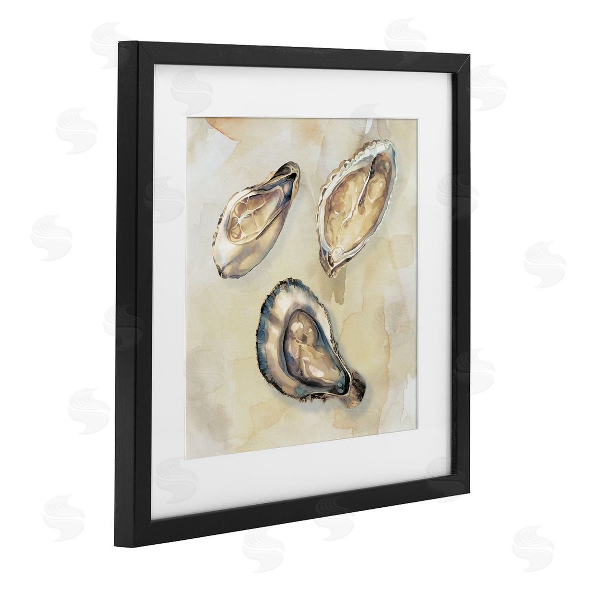 CAD Designs Oyster Trio on Beige Black Framed Print Under Glass Art