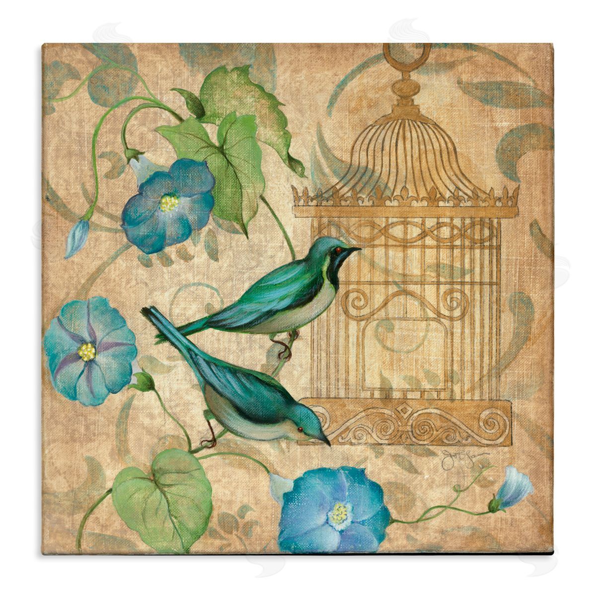 Janet Tava Spring's Song Green Birds Canvas Wall Art Print
