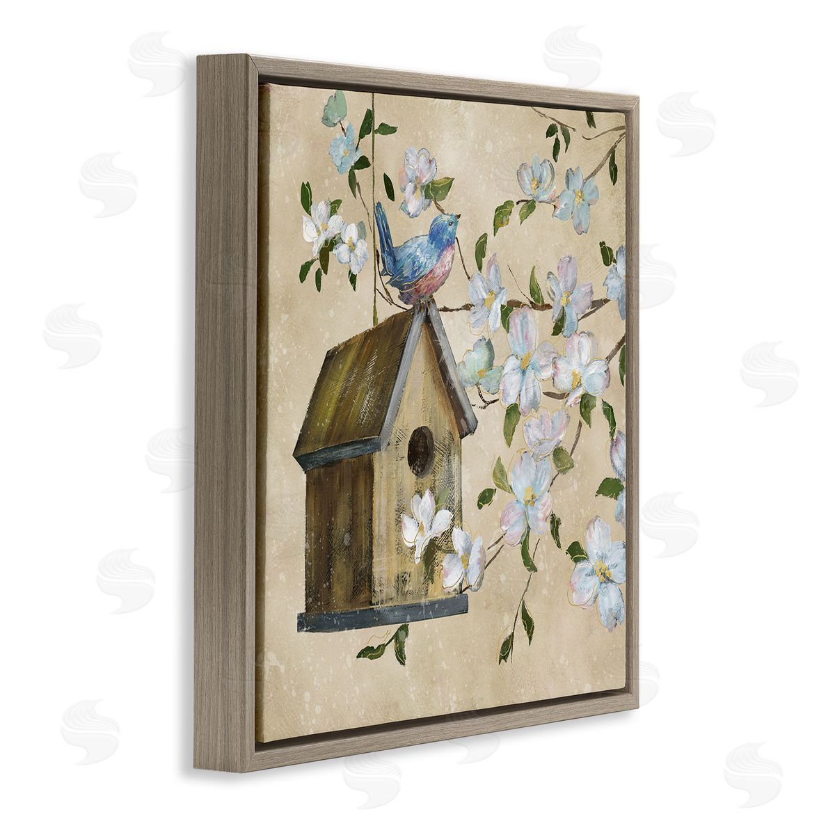 Nan Evening Song Birdhouse over Beige Canvas Wall Art Print