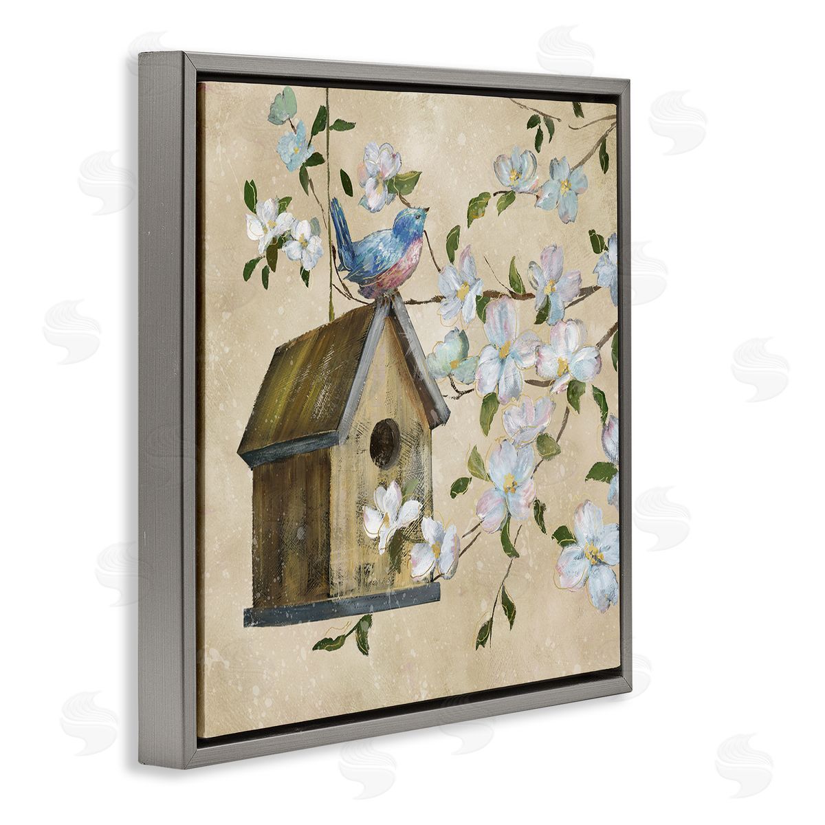 Nan Evening Song Birdhouse over Beige Canvas Wall Art Print