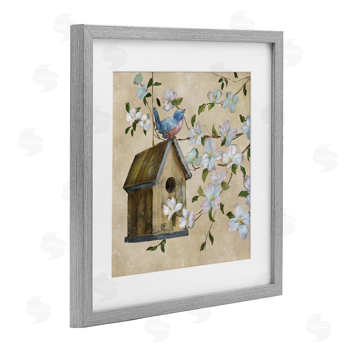 Nan Evening Song Birdhouse over Beige Canvas Wall Art Print