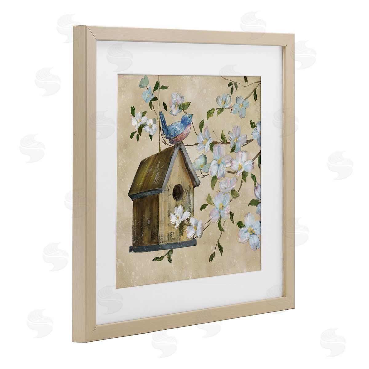 Nan Evening Song Birdhouse over Beige Canvas Wall Art Print
