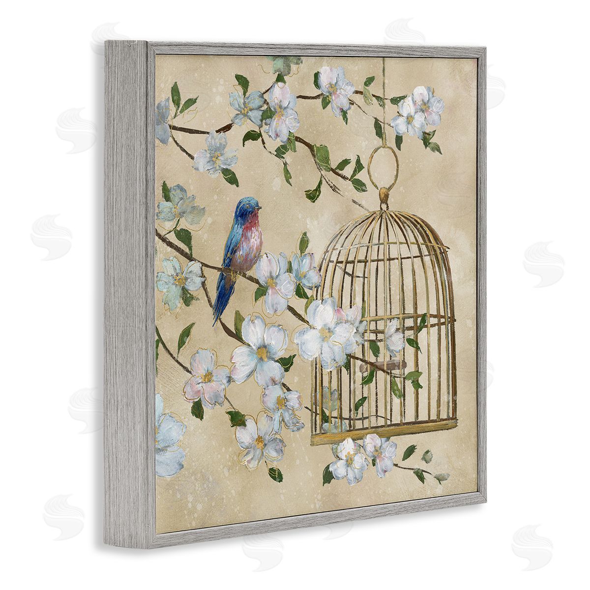 Nan Evening Song Birdcage Over Beige Canvas Wall Art Print