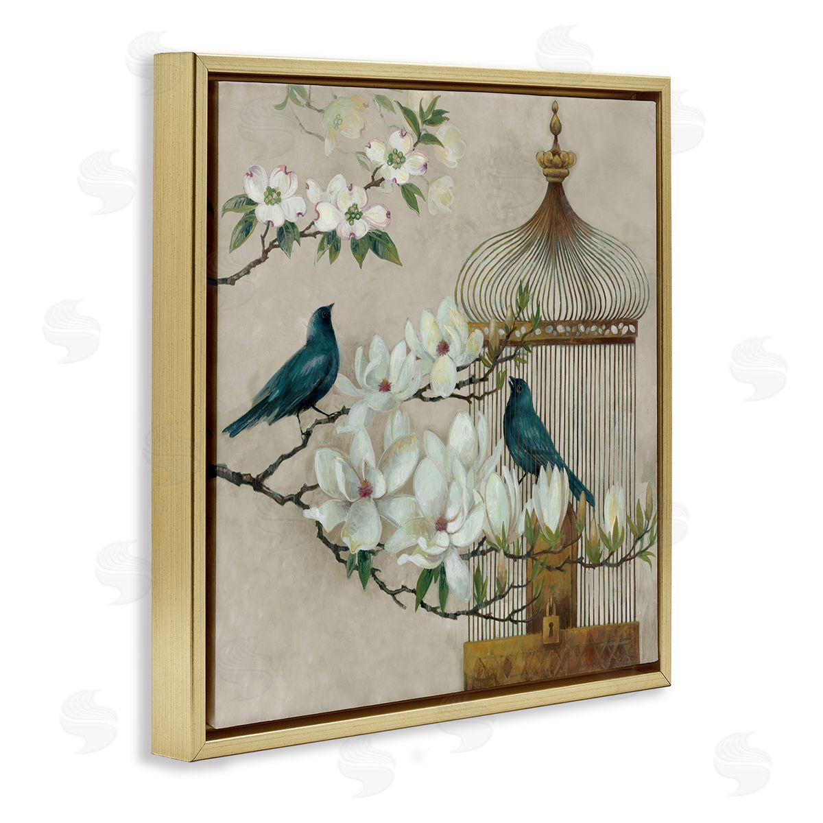 Elaine Vollherbst-Lane Floral Bluebird Menagerie Gold Floating Frame Canvas Art Print