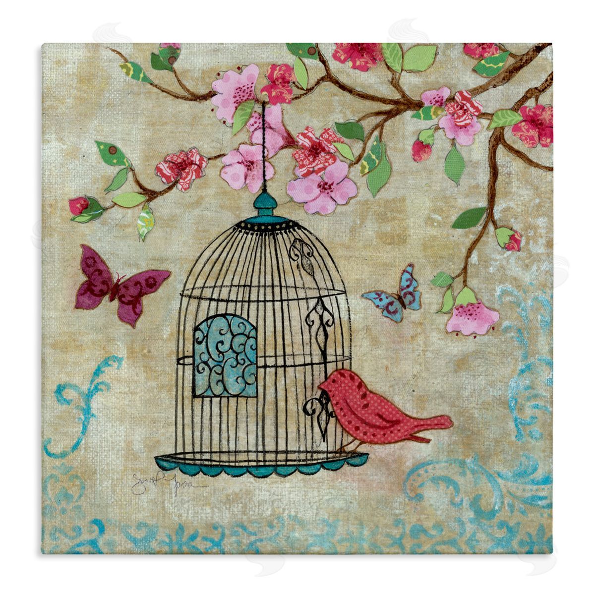 Janet Tava Spring Fling Bird Scene Canvas Wall Art Print