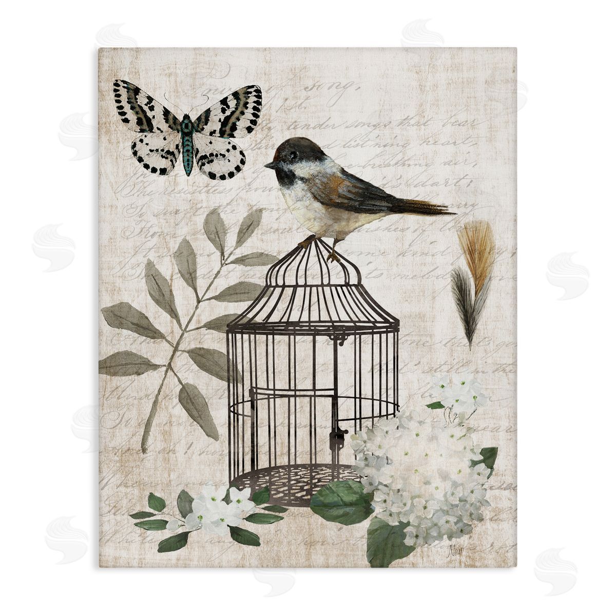 Nan Vintage Menagerie Bird Florals Canvas Wall Art Print