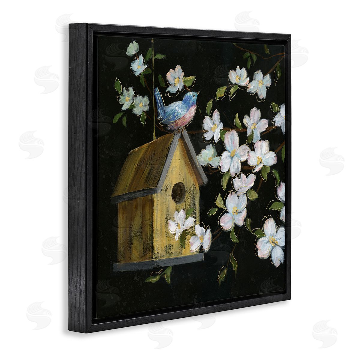 Nan Evening Song Birdhouse over Black Canvas Wall Art Print