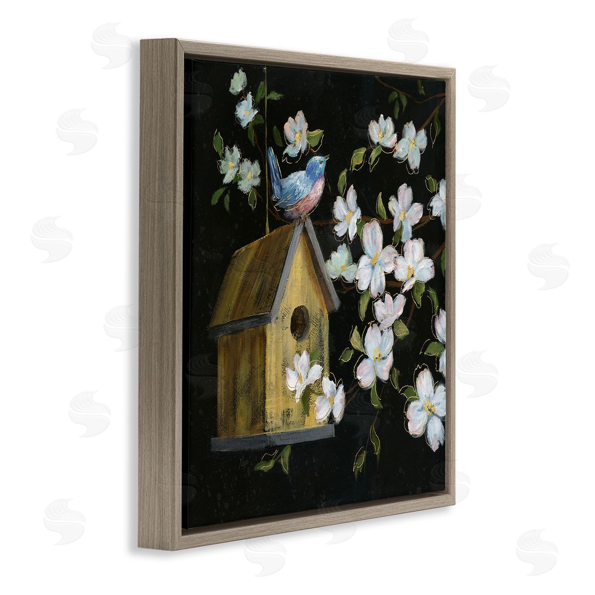 Nan Evening Song Birdhouse over Black Canvas Wall Art Print