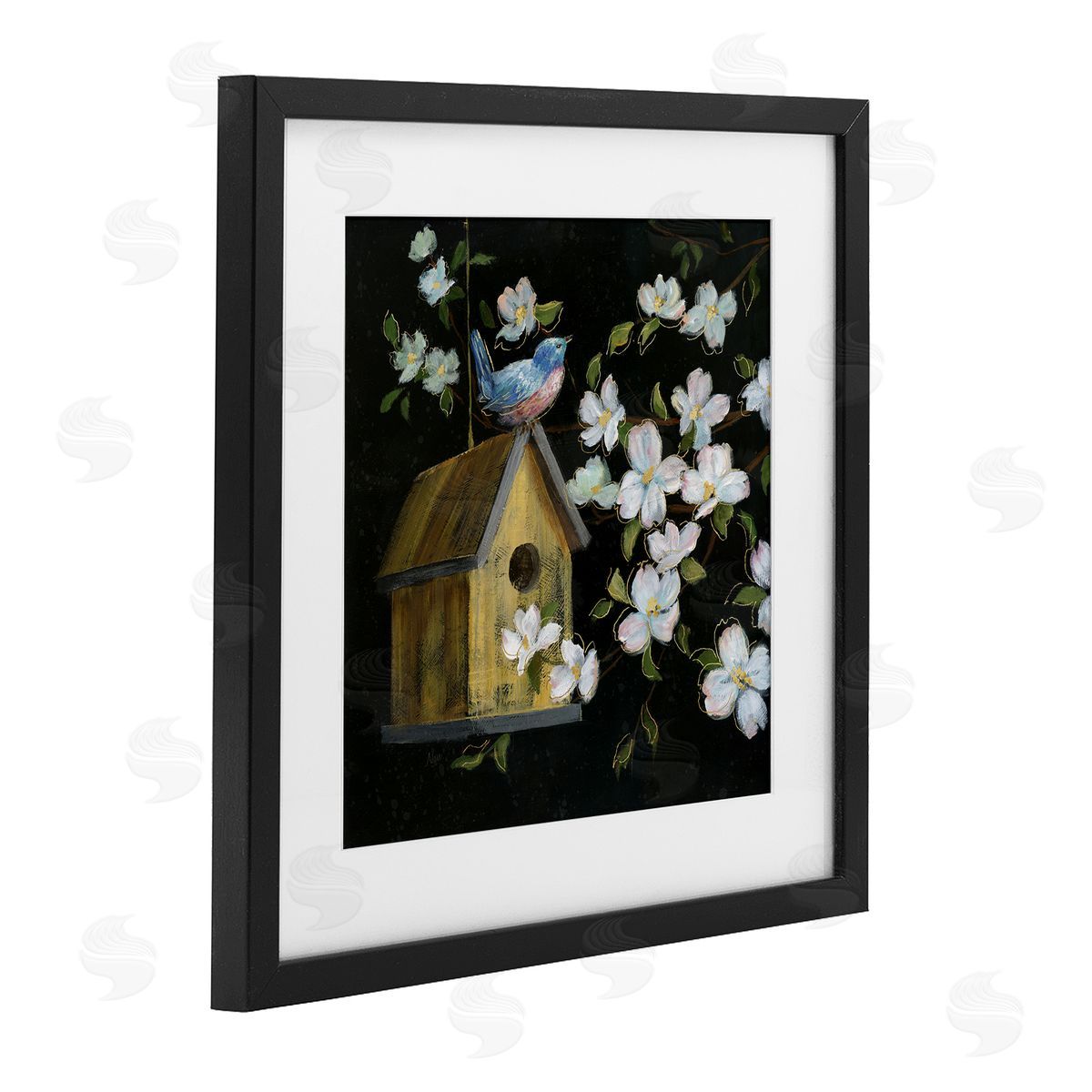 Nan Evening Song Birdhouse over Black Canvas Wall Art Print