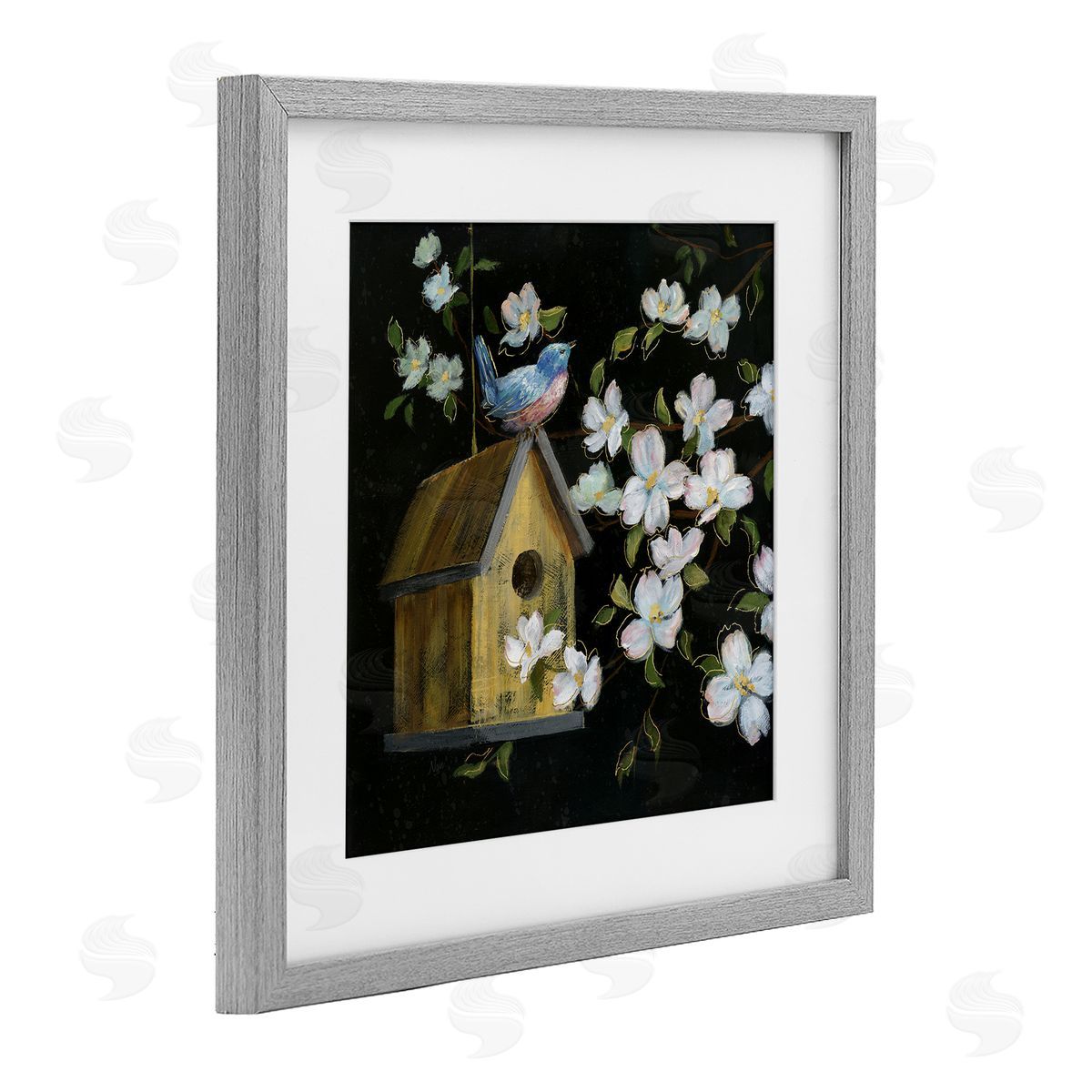 Nan Evening Song Birdhouse over Black Canvas Wall Art Print