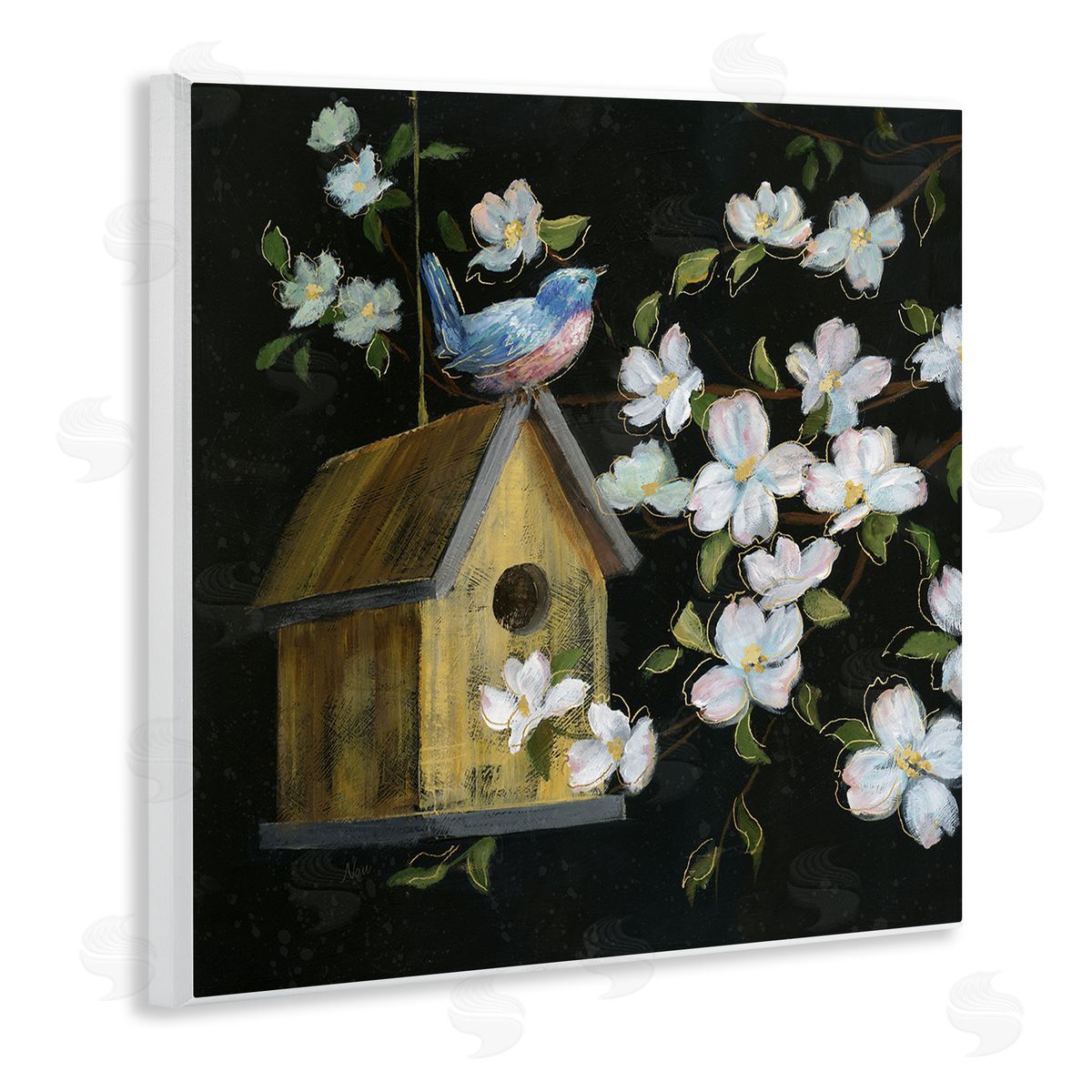 Nan Evening Song Birdhouse over Black Canvas Wall Art Print