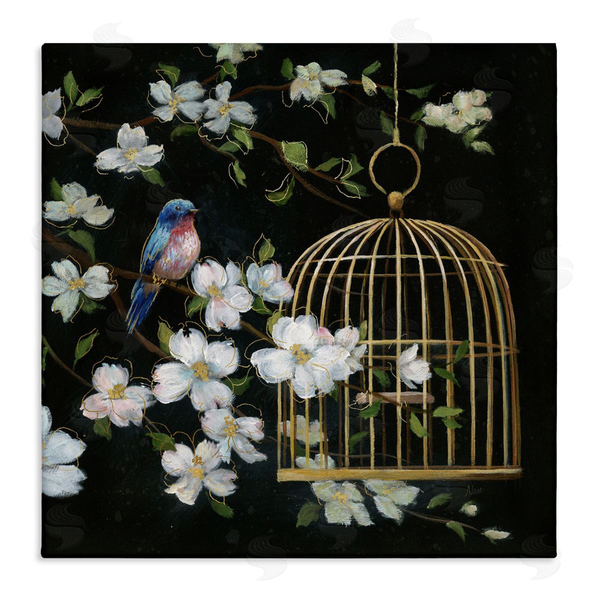Nan Evening Song Birdcage over Black Canvas Wall Art Print