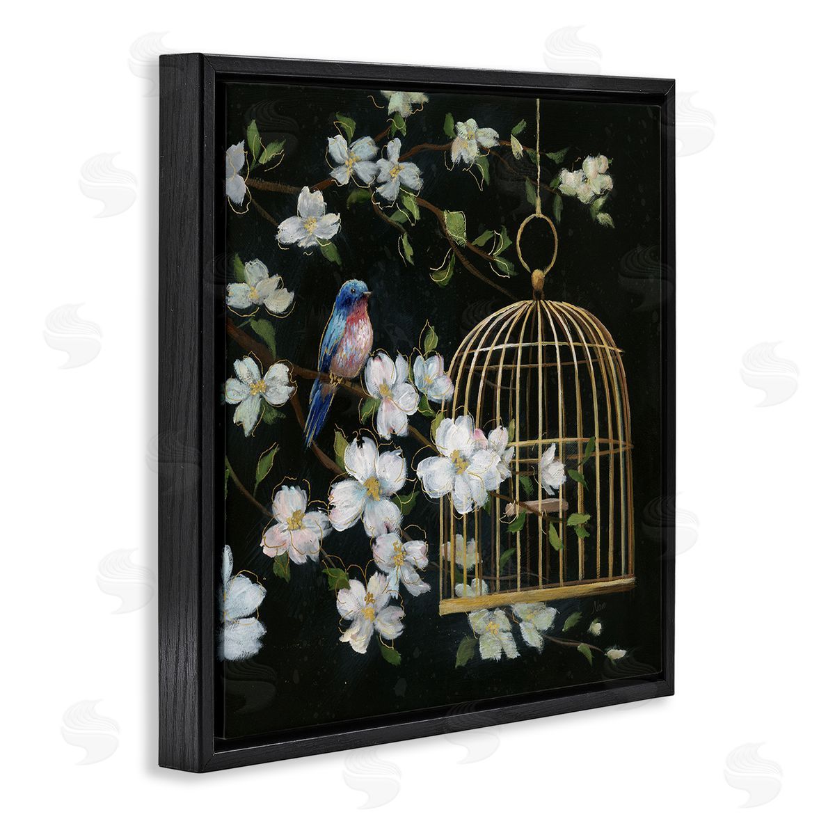 Nan Evening Song Birdcage over Black Canvas Wall Art Print