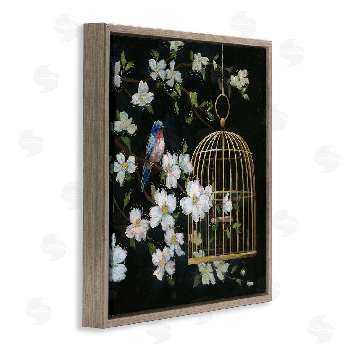 Nan Evening Song Birdcage over Black Canvas Wall Art Print