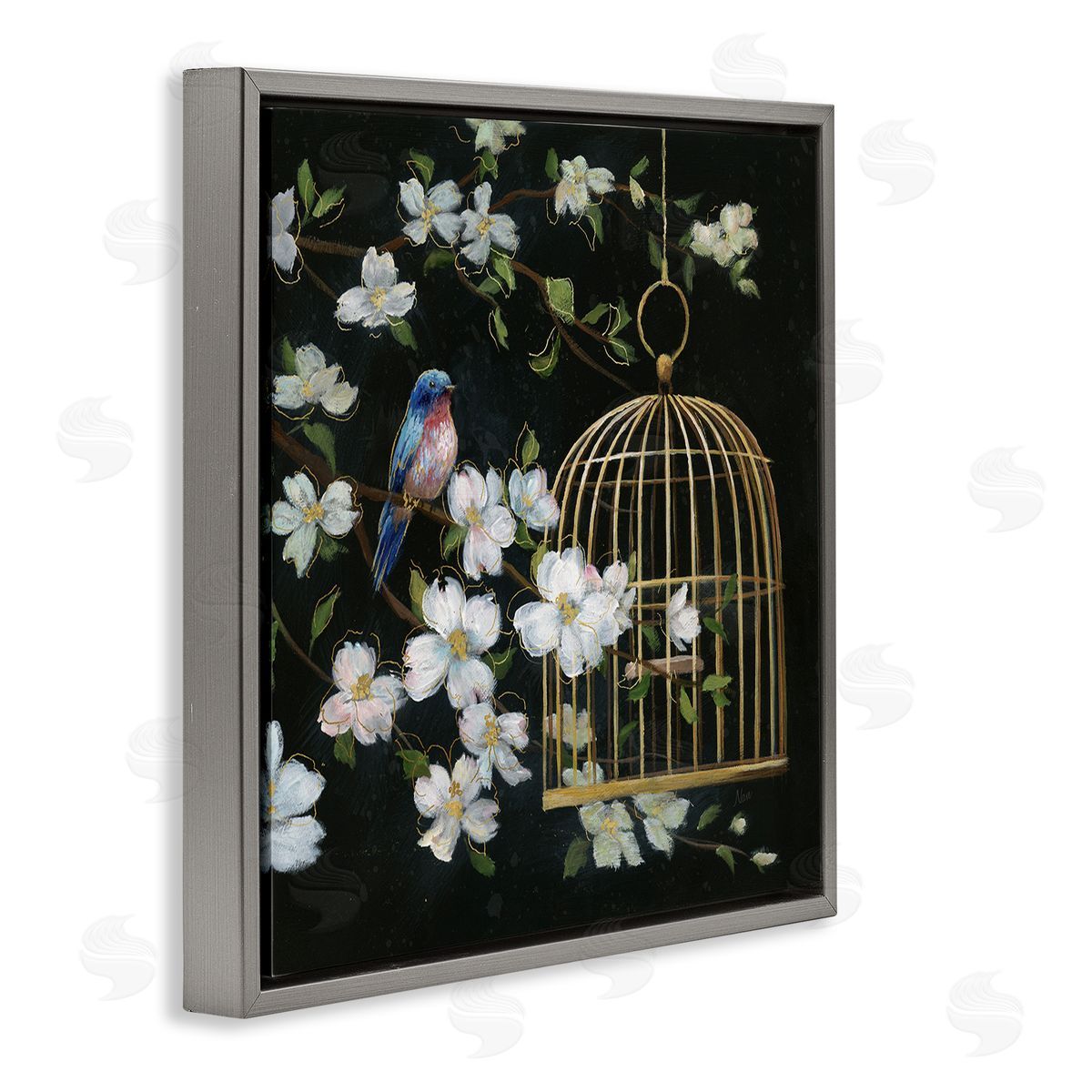 Nan Evening Song Birdcage over Black Canvas Wall Art Print