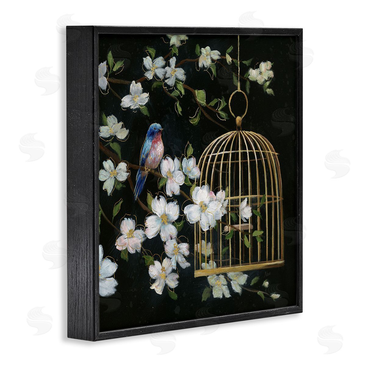 Nan Evening Song Birdcage over Black Canvas Wall Art Print