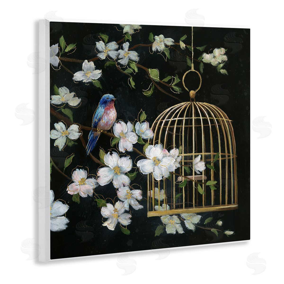Nan Evening Song Birdcage over Black Canvas Wall Art Print