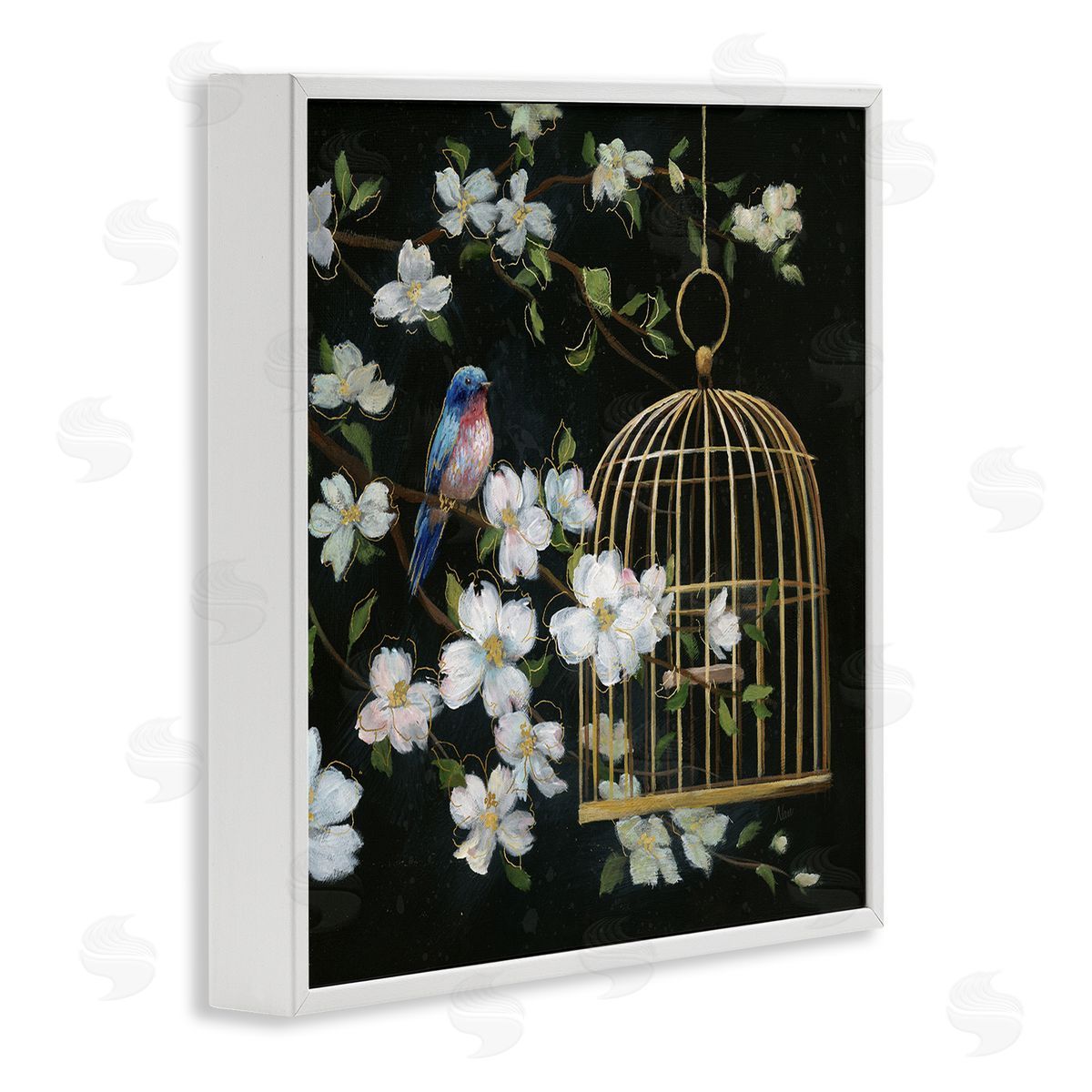 Nan Evening Song Birdcage over Black Canvas Wall Art Print