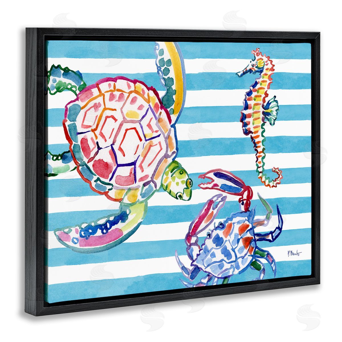 Paul Brent Brushed Sea Life on Stripes Canvas Wall Art Print