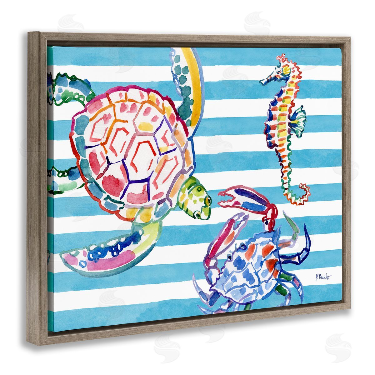 Paul Brent Brushed Sea Life on Stripes Canvas Wall Art Print