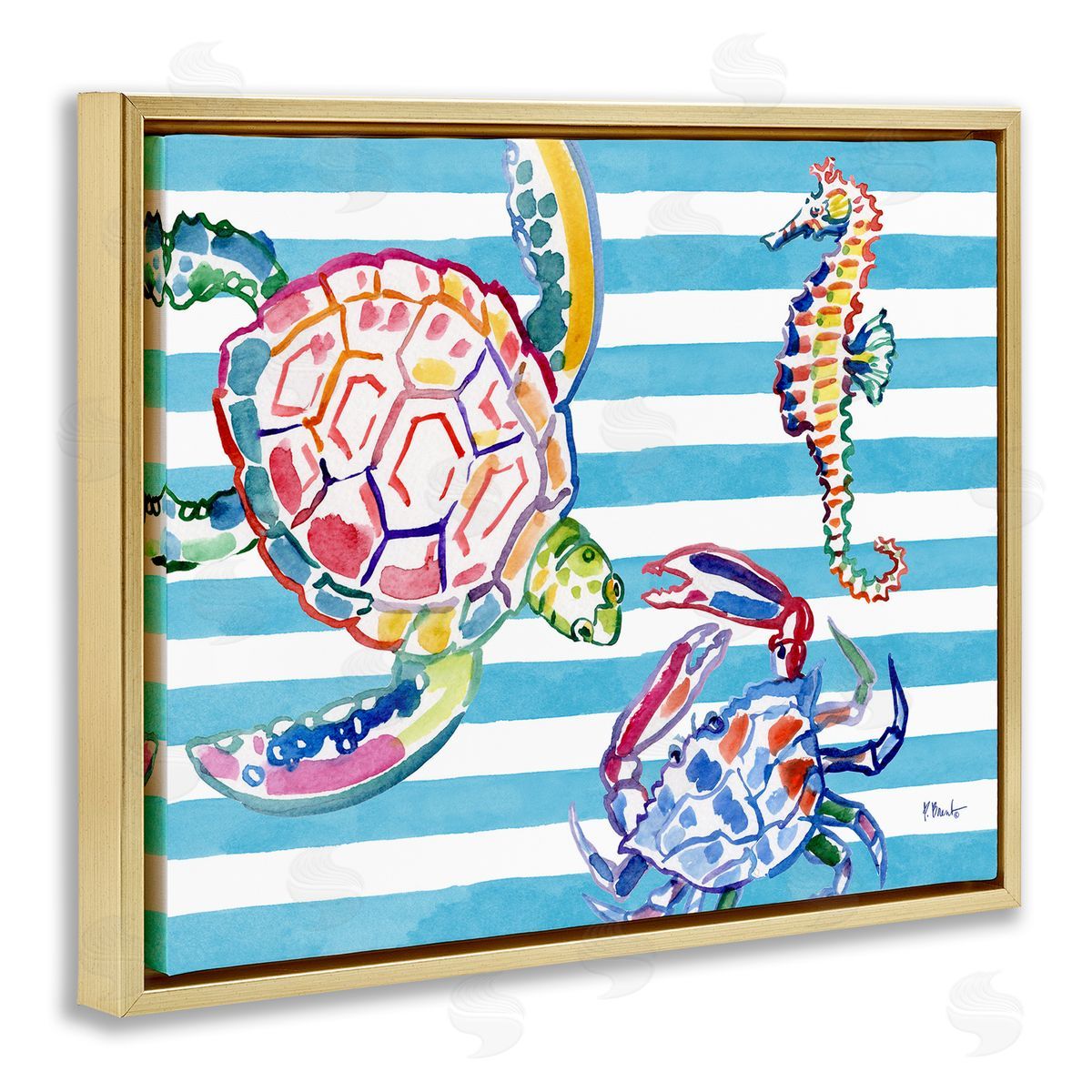 Paul Brent Brushed Sea Life on Stripes Canvas Wall Art Print