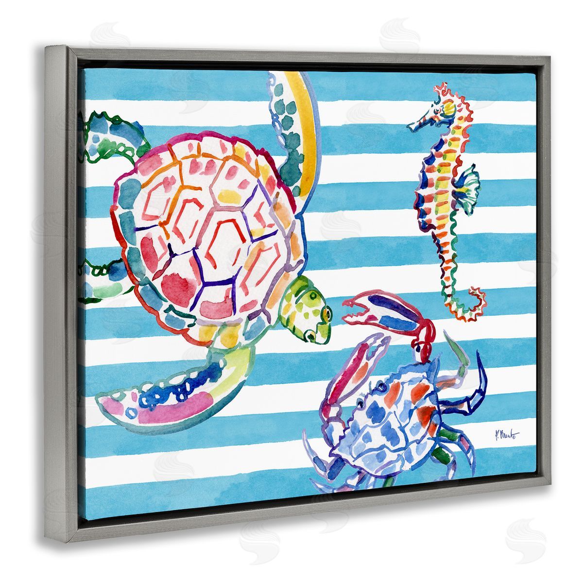 Paul Brent Brushed Sea Life on Stripes Canvas Wall Art Print