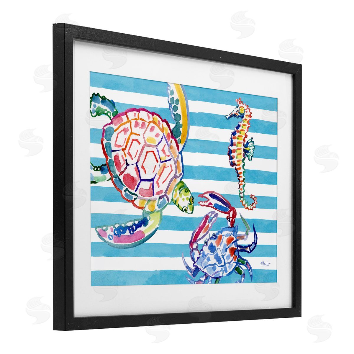 Paul Brent Brushed Sea Life on Stripes Canvas Wall Art Print