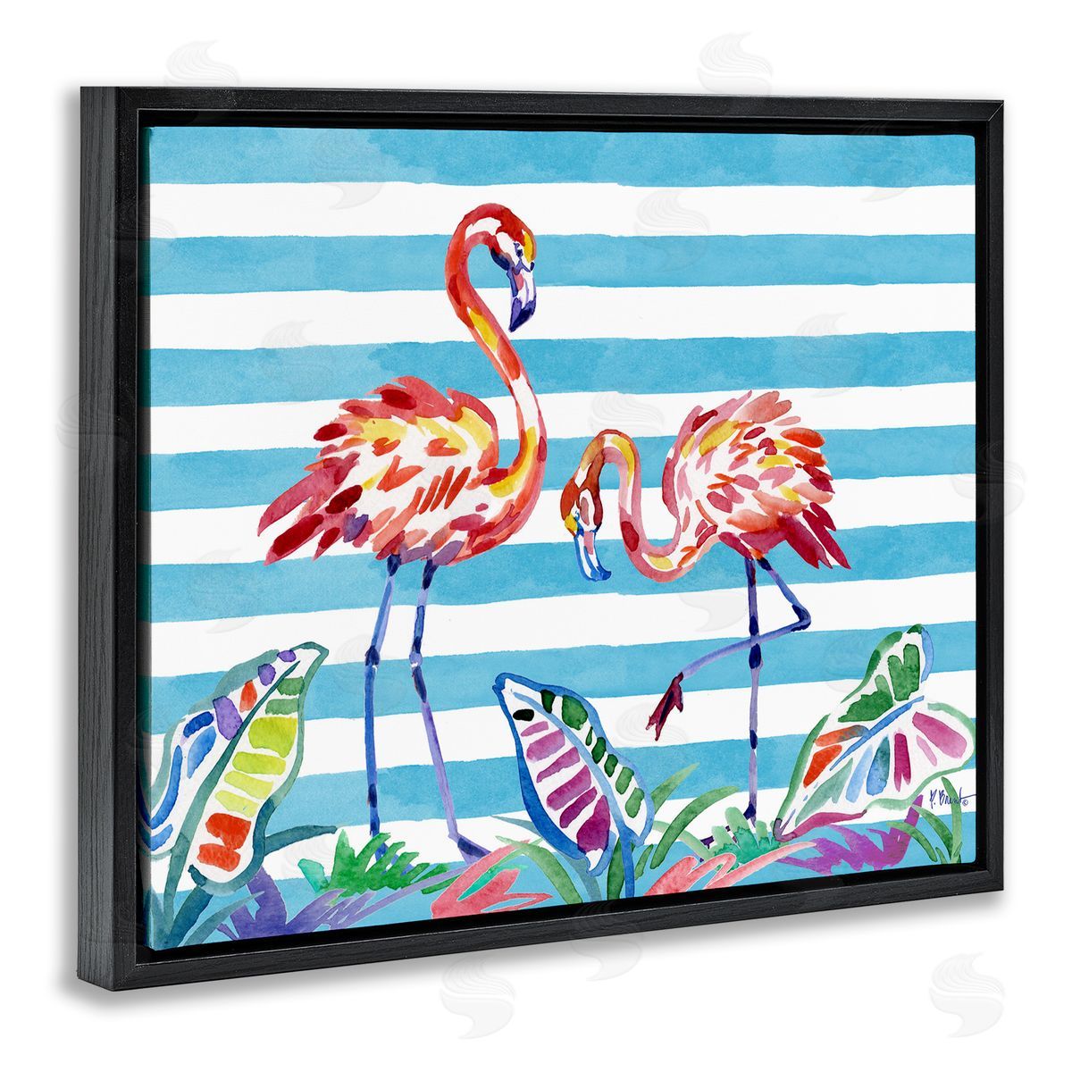 Paul Brent Brushstroke Flamingos on Stripes Canvas Wall Art Print