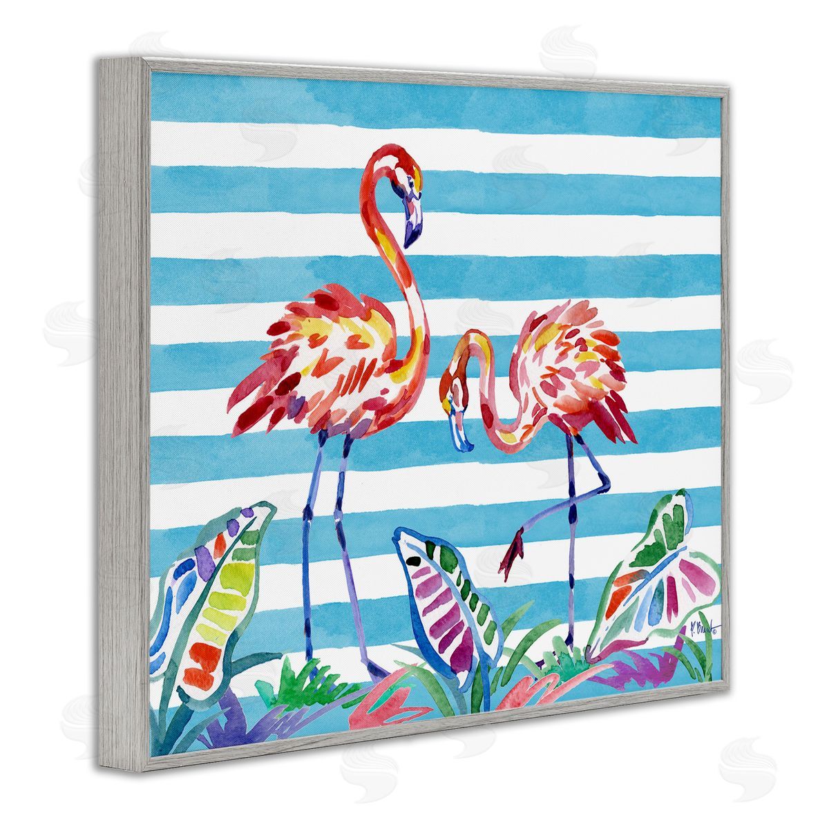 Paul Brent Brushstroke Flamingos on Stripes Canvas Wall Art Print