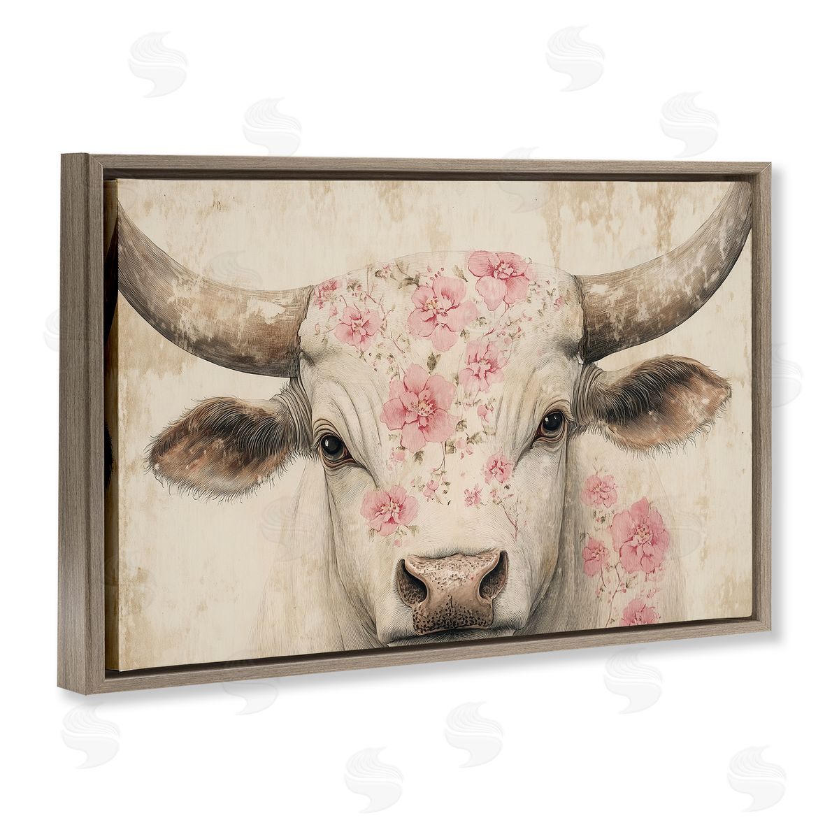 Heidi Kuntz Cattle with Cherry Blossom Pattern Canvas Wall Art Print