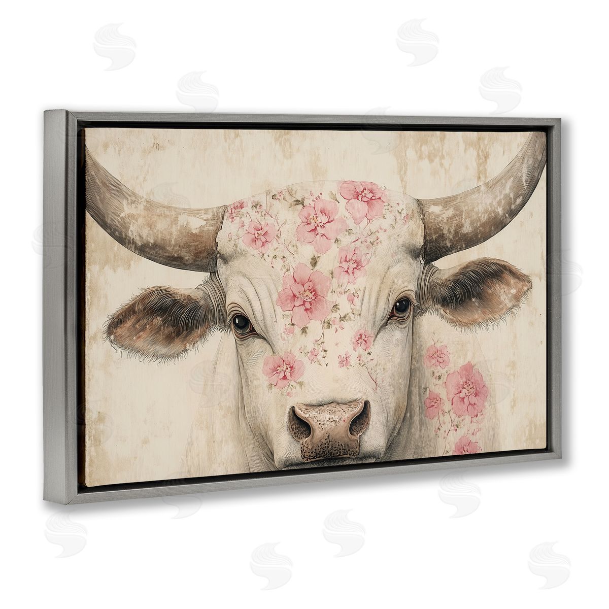 Heidi Kuntz Cattle with Cherry Blossom Pattern Canvas Wall Art Print
