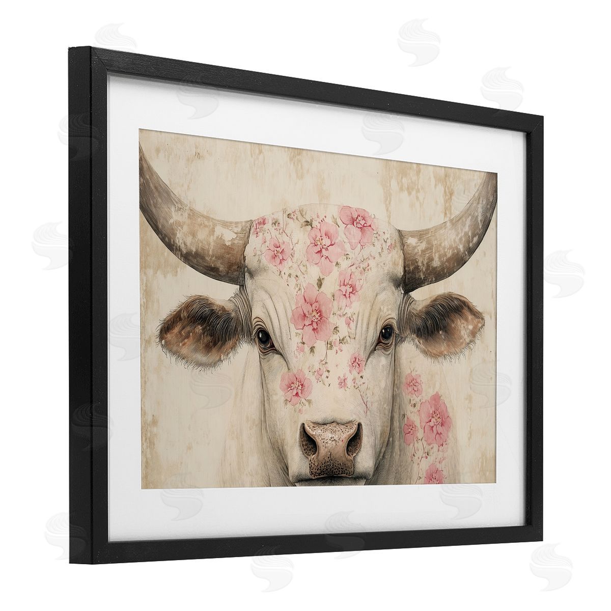 Heidi Kuntz Cattle with Cherry Blossom Pattern Canvas Wall Art Print